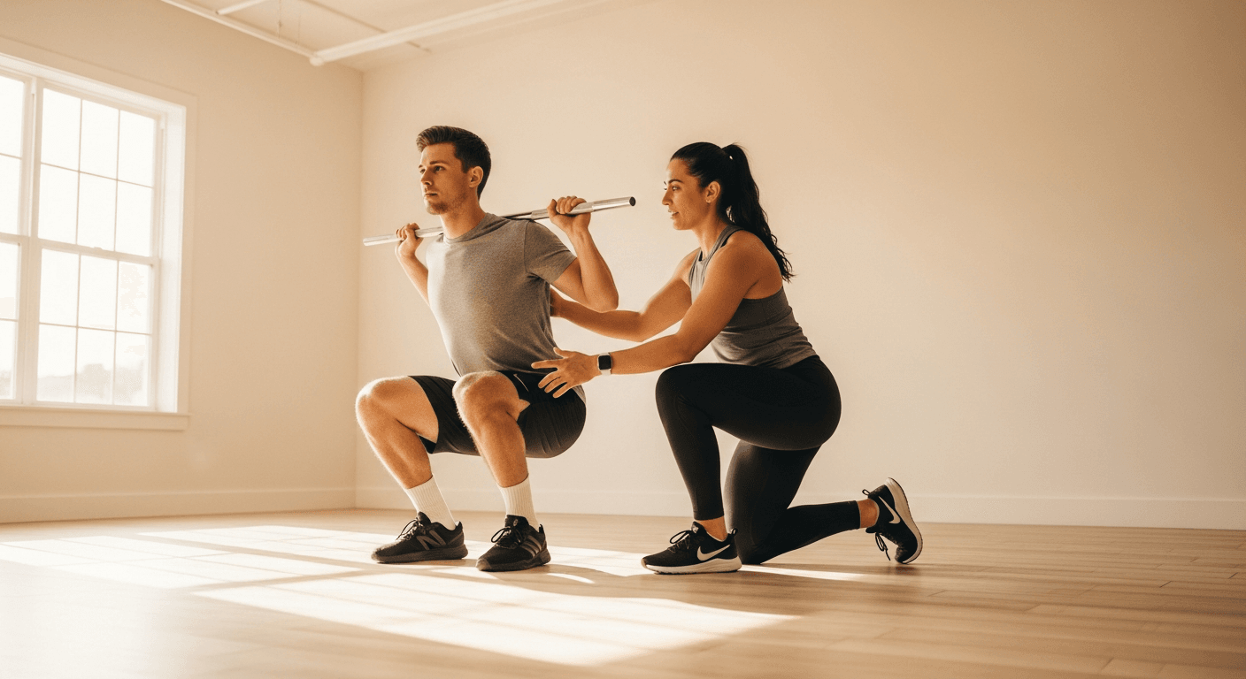 A coach kneeling beside a client observes and guides proper form during an overhead squat in a bright gym.