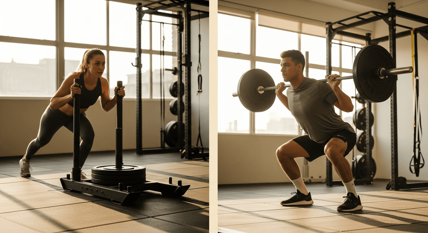 A woman and man exercise in a warm-lit gym, separated by empty space in the center of the frame.