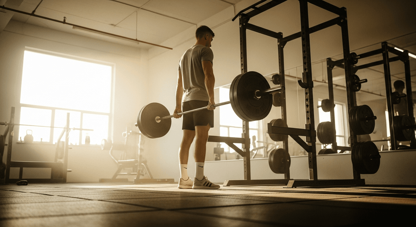 Male lifter confidently re-racks a barbell with controlled form during a gym workout.