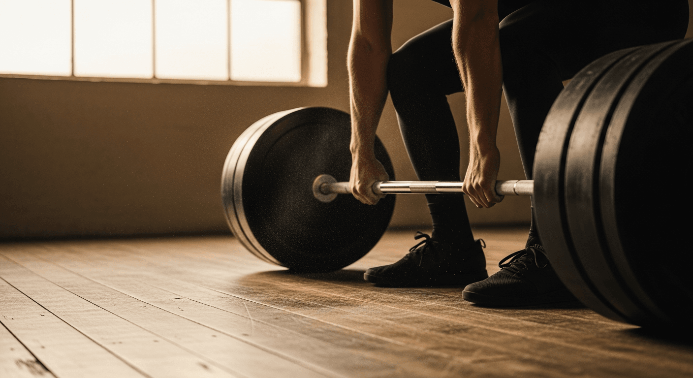 Close-up of hands and floor: a person deadlifts a raw steel barbell in a naturally lit gym.