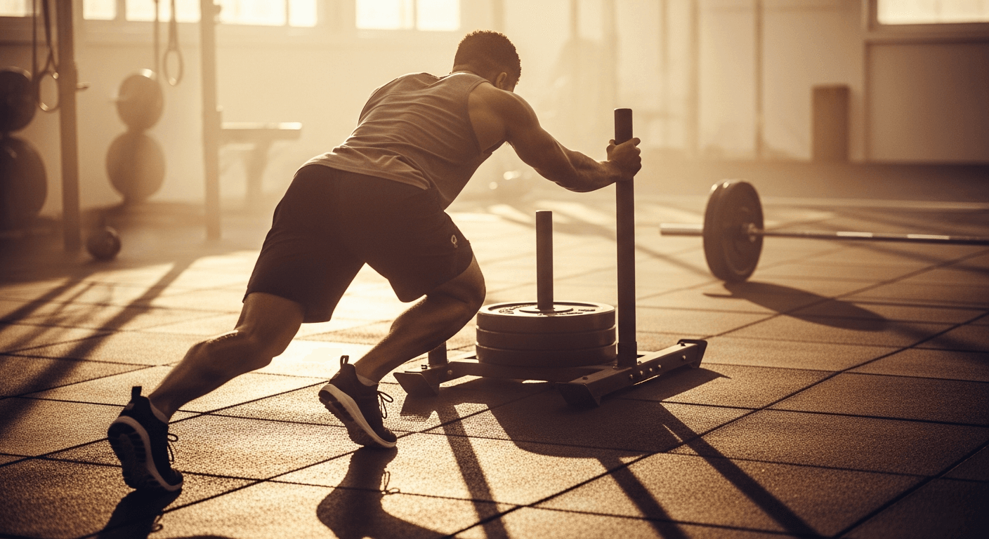Lean athlete driving a weighted sled in warm golden light, embodying hybrid training intensity.