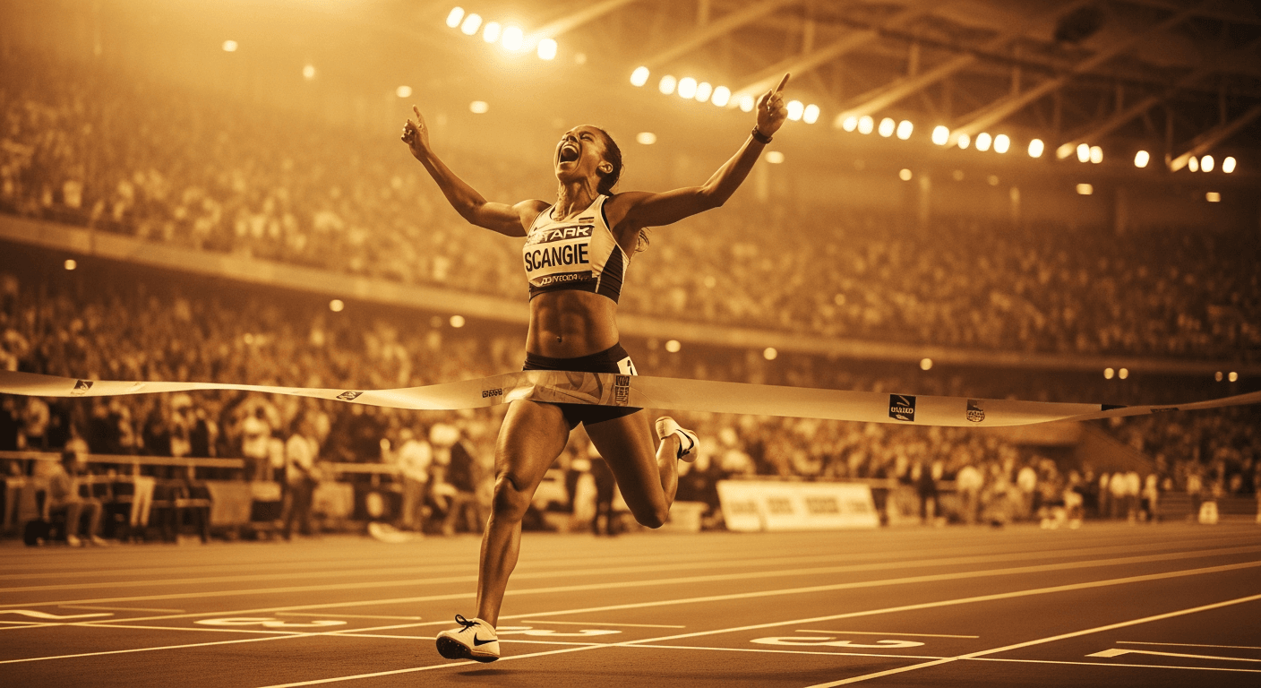 Athlete crossing finish line with arms raised in a golden-lit indoor competition arena.
