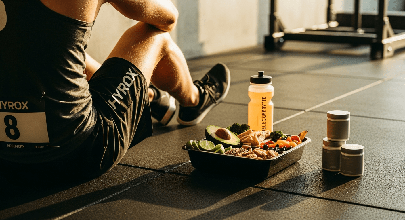 HYROX competitor resting on gym floor with recovery nutrition elements arranged beside them in warm golden light.