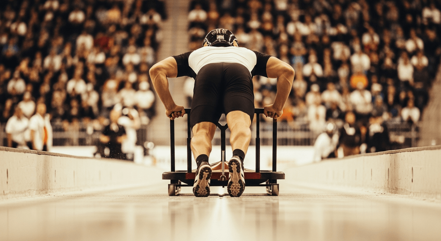 Athlete powerfully pushing a heavy sled across an arena floor at a HYROX World Championship.