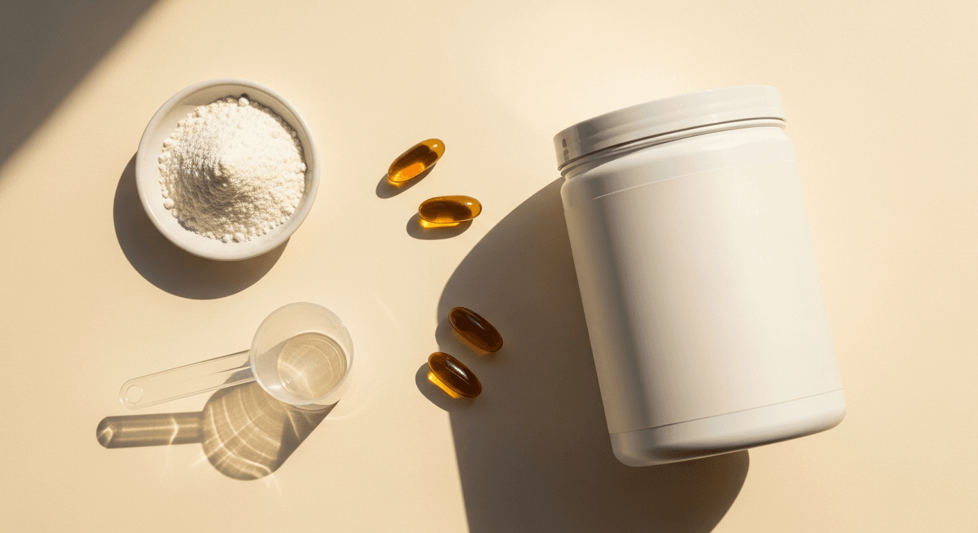Overhead flat lay of supplement products including creatine powder, gel capsules, measuring scoop, and protein container on a warm cream surface.