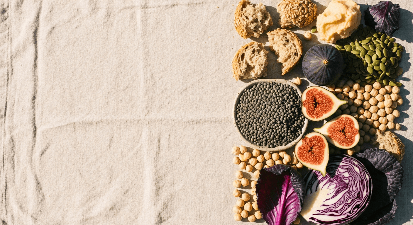 Overhead flat lay of fiber-rich foods including lentils, figs, whole grain bread, seeds, and vegetables on cream linen.