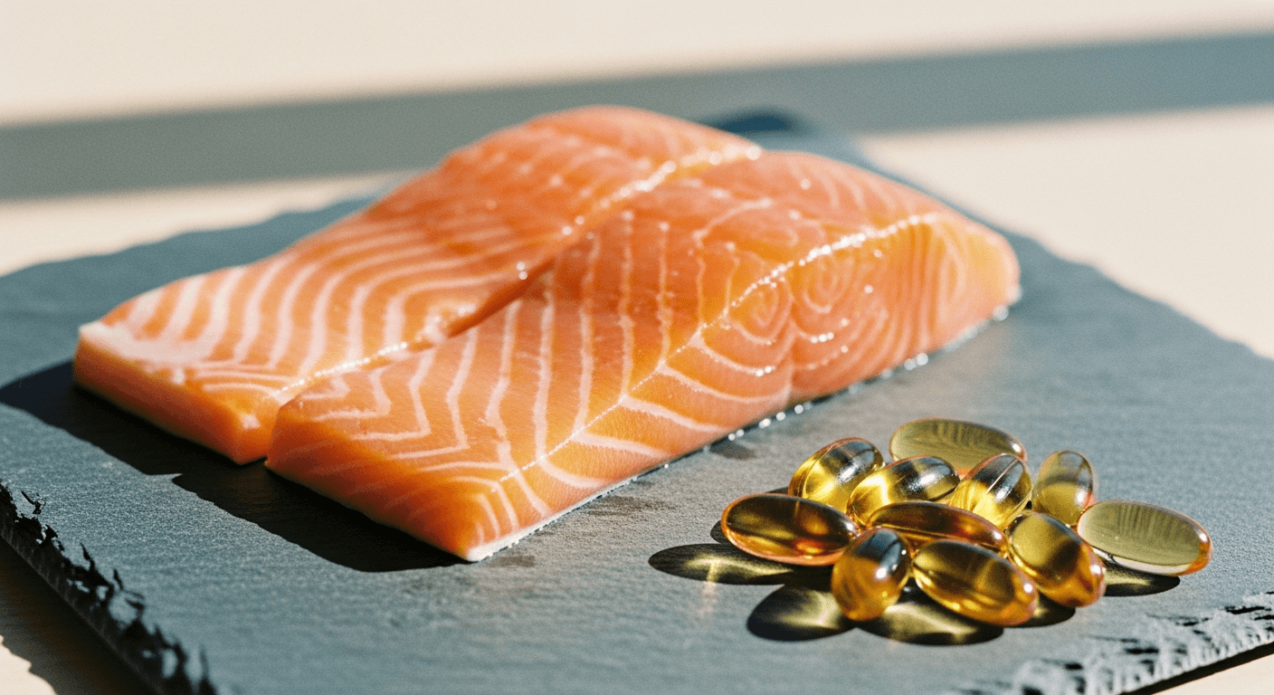 Two fresh salmon fillets beside amber fish oil softgel capsules on a slate surface.