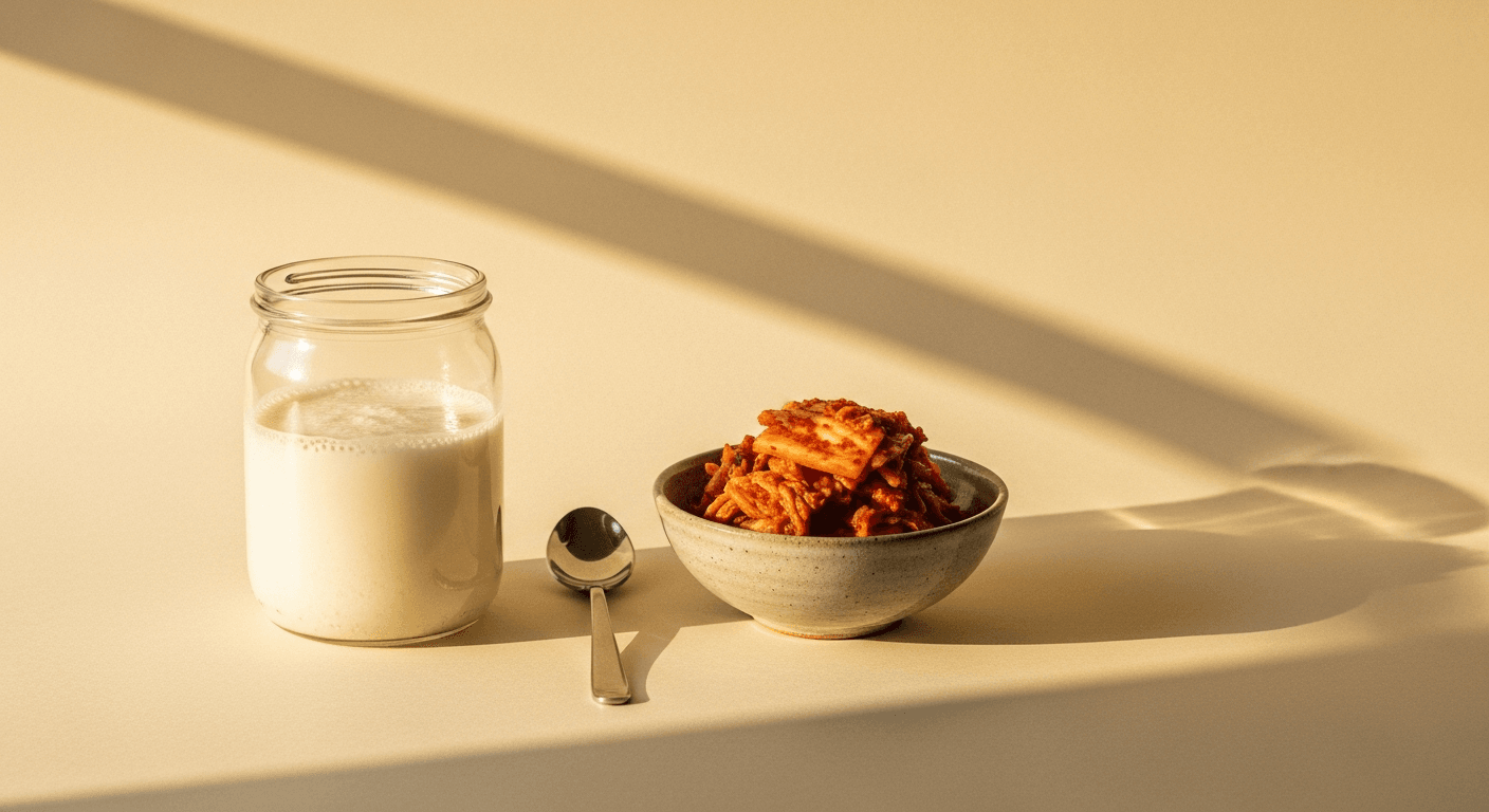 A glass jar of kefir and bowl of kimchi arranged on a warm cream surface with soft golden light and shadows.