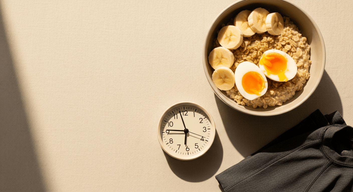 Bowl of oatmeal with banana and egg, analog clock, and athletic shirt on warm cream background.