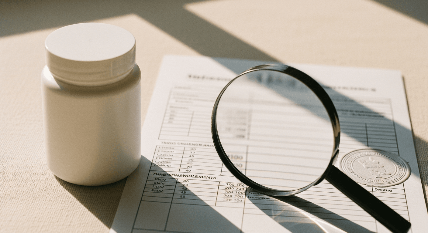 White supplement jar beside an official document with embossed seal, magnified under glass on a cream surface.