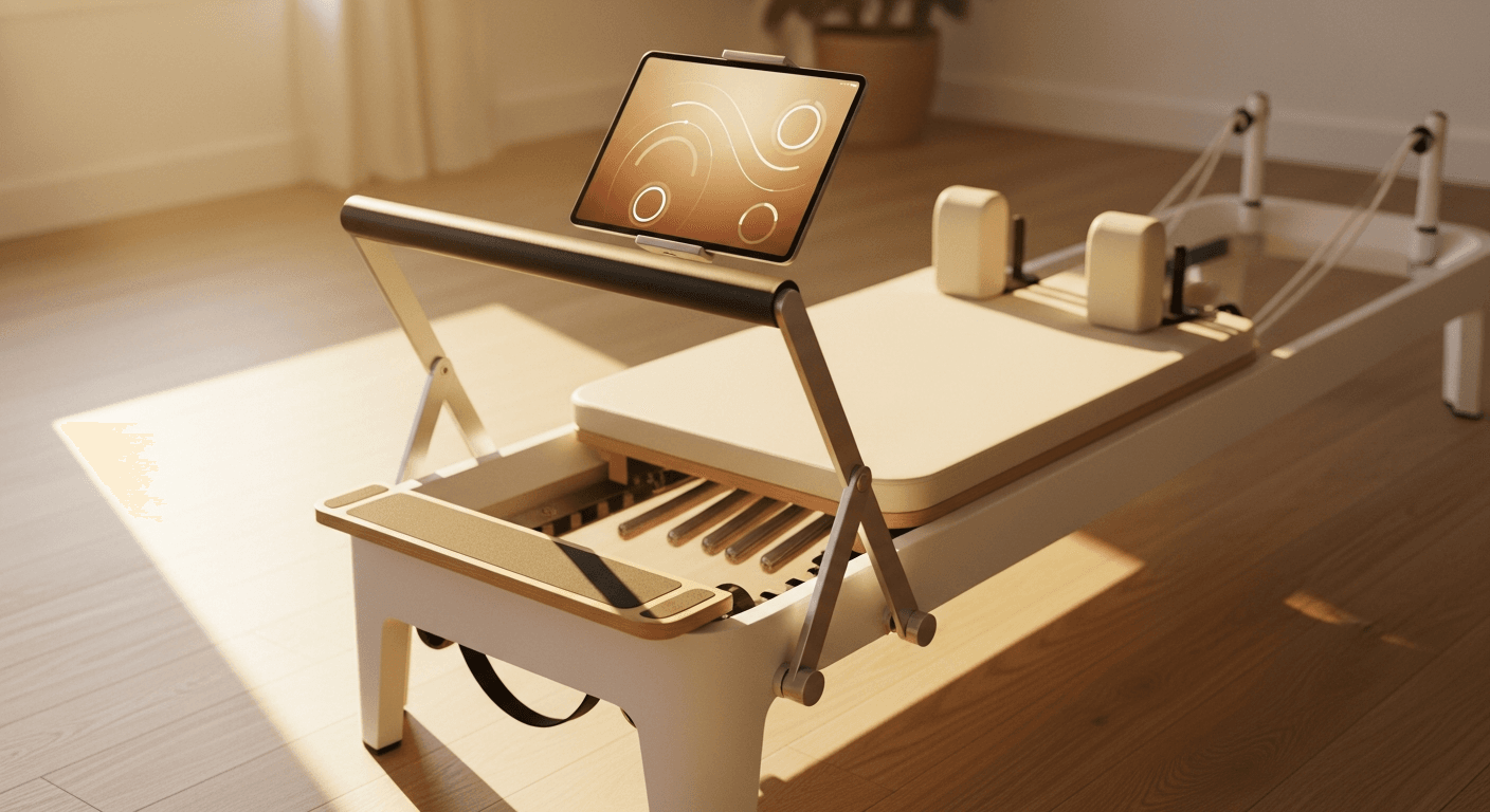 A white Pilates reformer with mounted tablet in a sunlit home studio.