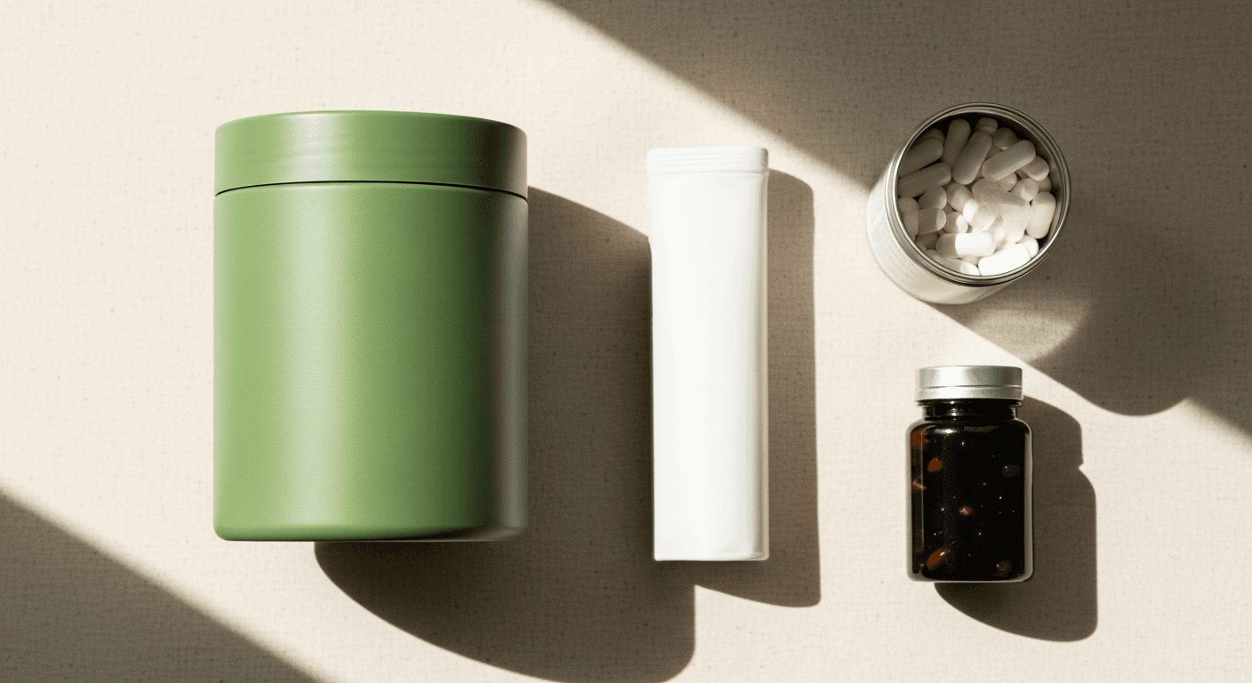 Three supplement formats arranged on cream linen with a green gummy jar centered, flanked by powder and capsule bottles.
