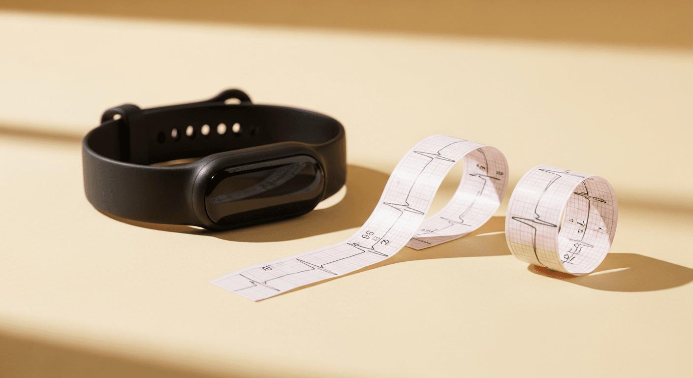 Black wearable fitness band next to an ECG strip on a warm cream surface in soft natural light.