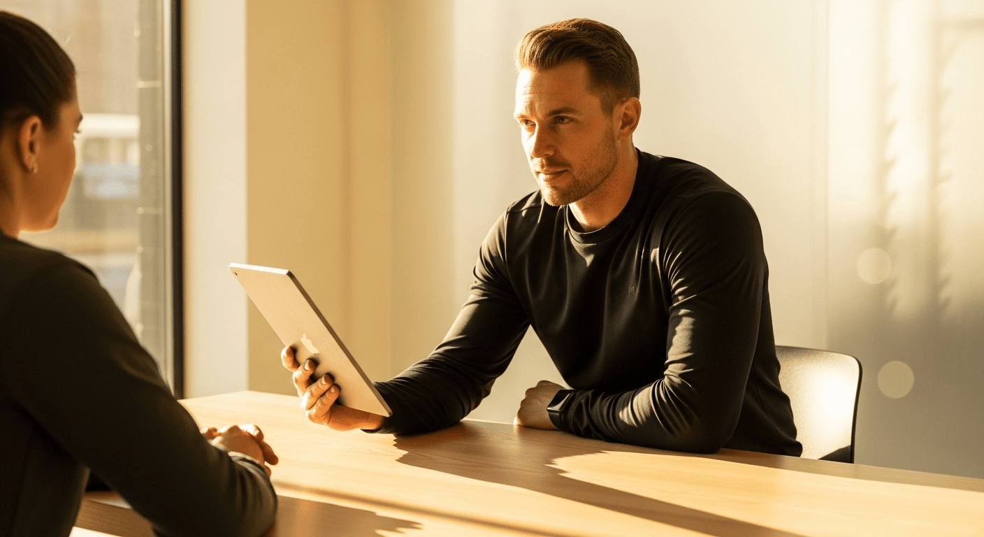 A confident fitness coach reviews data with a client in a warm, professionally lit studio.