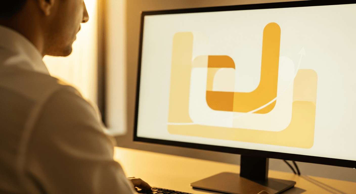 A professional coach seated at a modern desk reviews a client management dashboard in warm golden natural light.