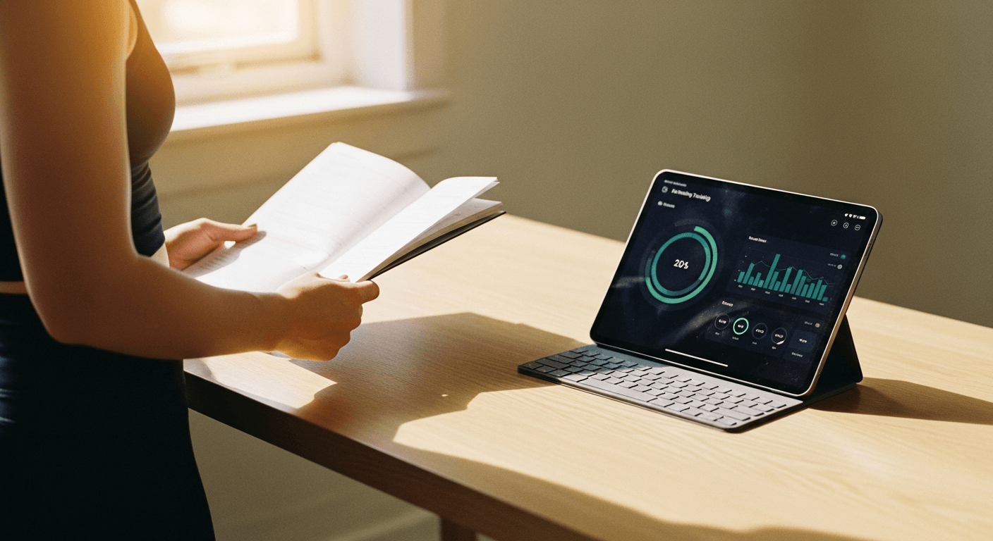 Coach reviewing printed notebook on left, AI fitness dashboard on tablet on right in warm studio.