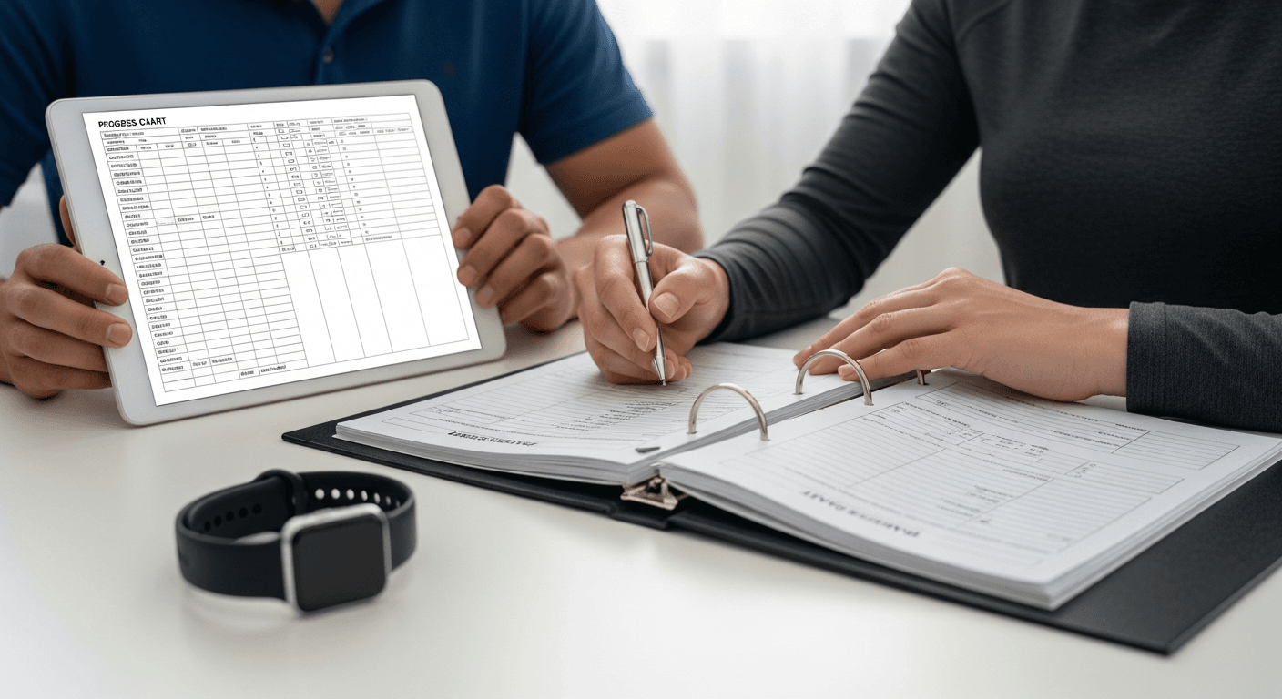 A personal trainer and client consult at a desk with a smartwatch and body composition assessment visible in warm lighting.