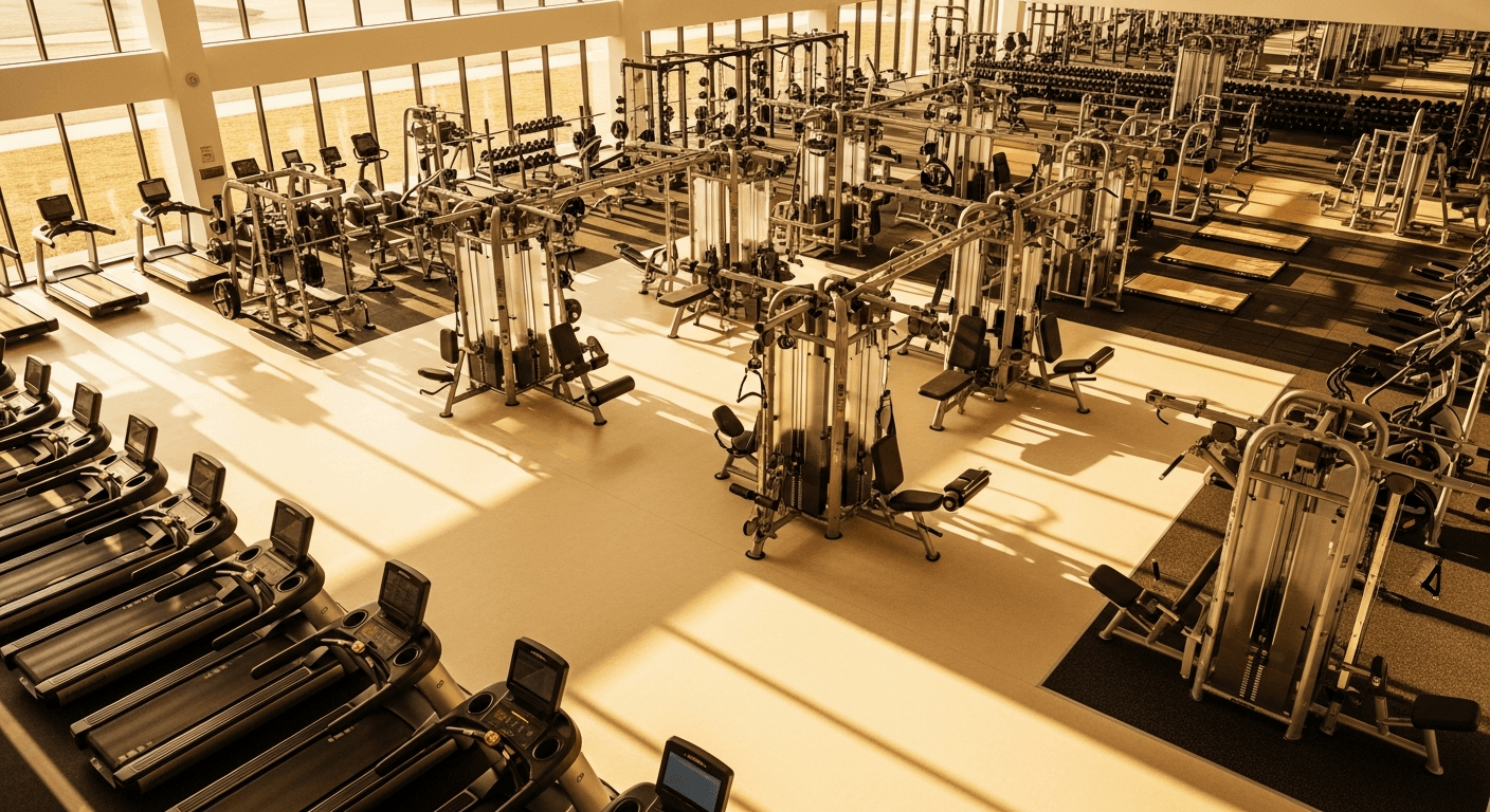 Overhead view of a spacious modern gym floor filled with rows of fitness equipment bathed in warm golden light.
