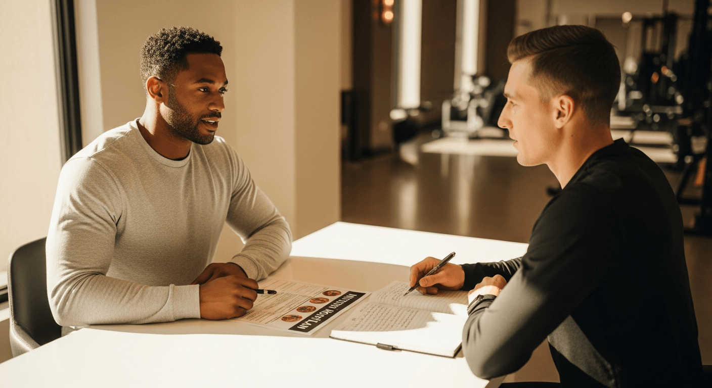 A nutrition coach and gym member engage in consultation at a table with printed nutrition plan and food journal.