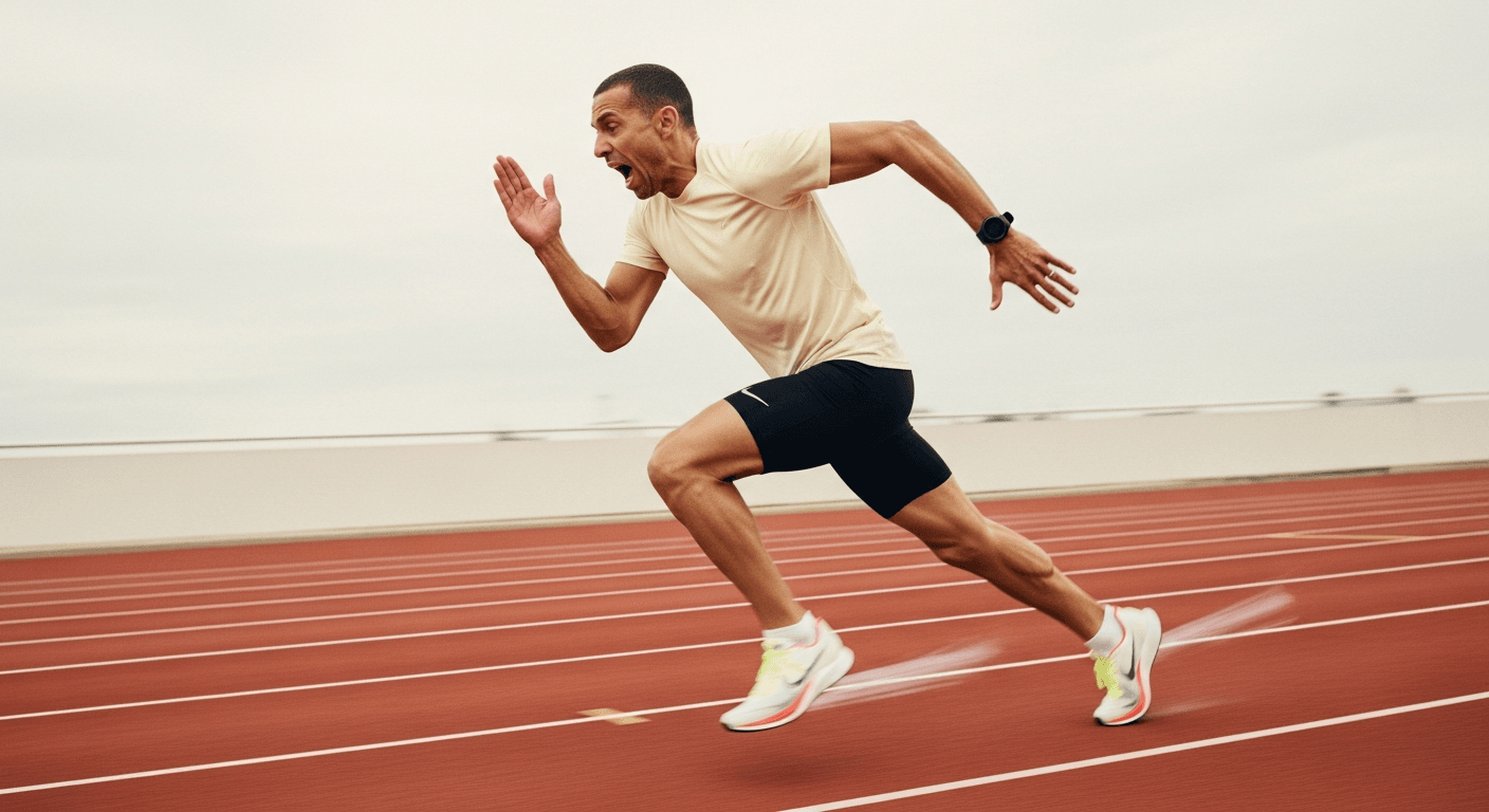 A male runner sprints hard on a red track with visible strain, demonstrating intense running effort and athletic exertion.