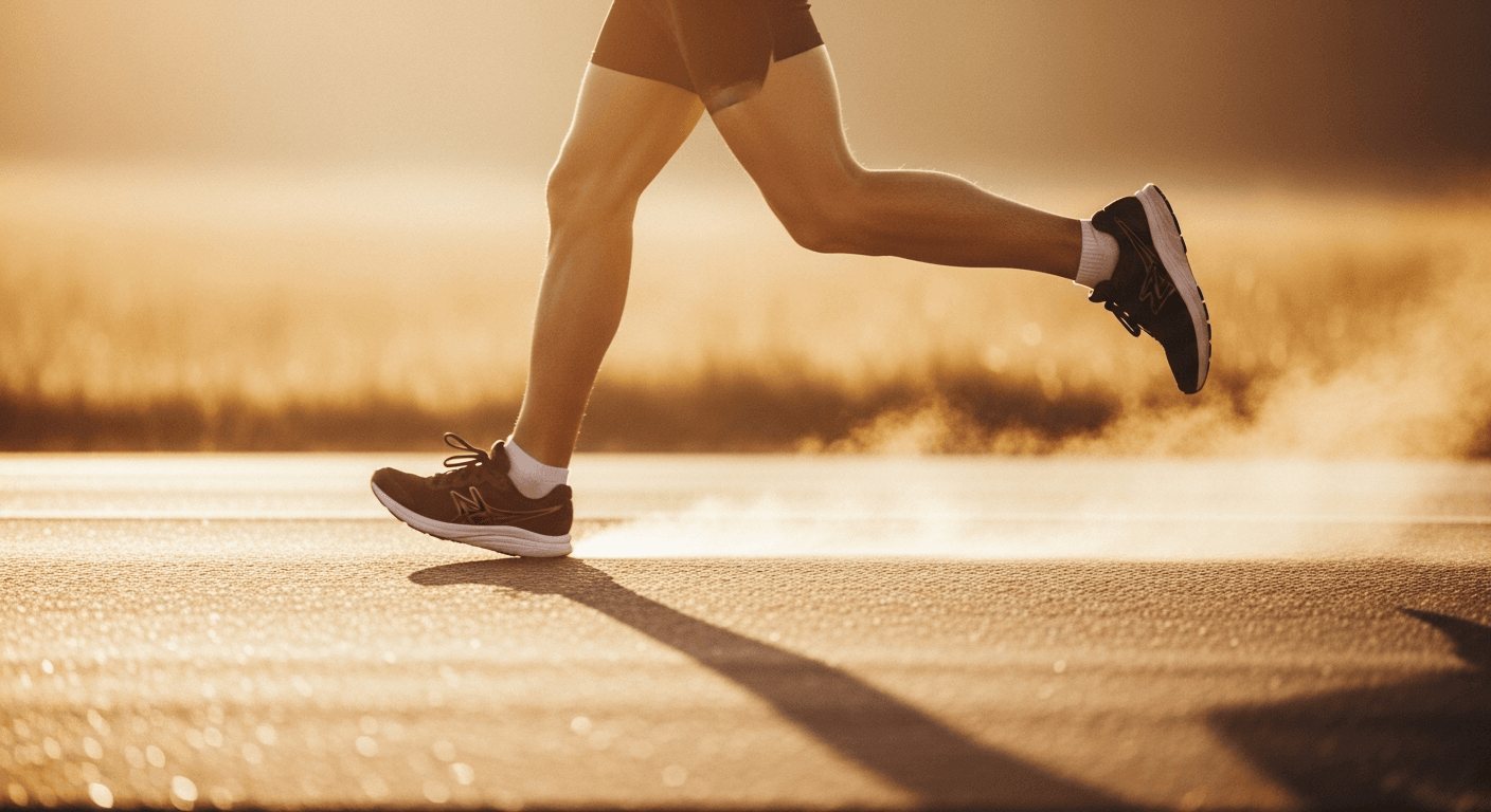 Runner's legs mid-stride on a sun-warmed road, captured in soft golden morning light.