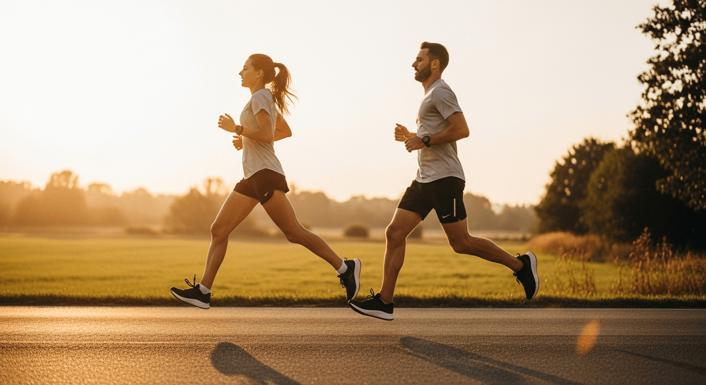 A woman and man run side by side on a rural road in golden light, displaying contrasting running styles and stride mechanics.