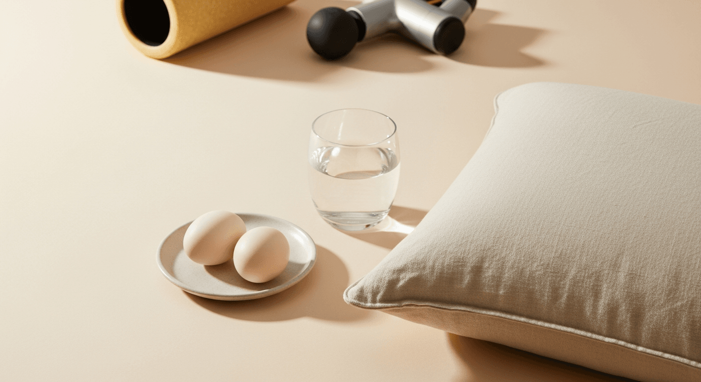 Minimalist flat lay featuring a glass of water, eggs, and pillow with blurred recovery equipment softly receding in background.