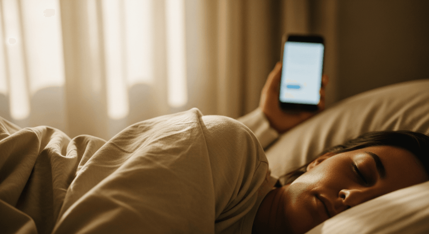 Person sleeping peacefully on bed with warm morning light, blurred phone visible in soft background.