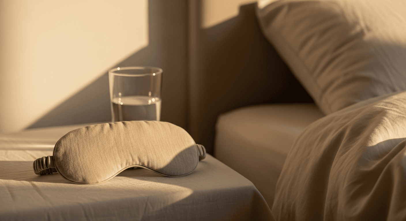 A linen sleep mask rests on rumpled bedding with a glass of water softly blurred in the background.