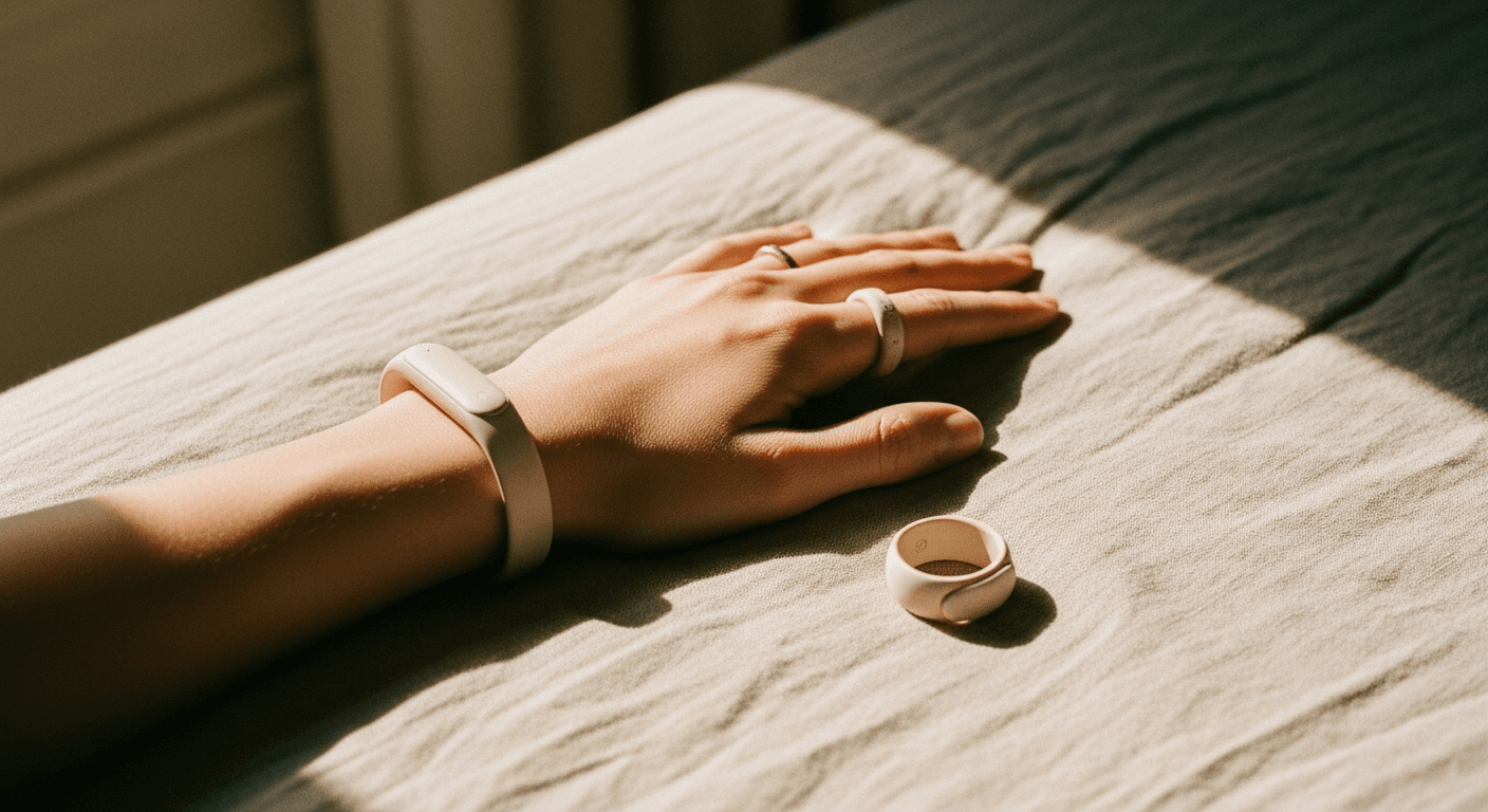 Open hand on warm linen with a wearable band and ring device beside it, bathed in soft golden morning light.