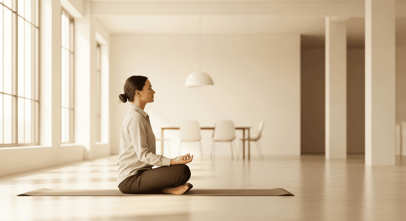 A person in business casual attire meditates cross-legged on a yoga mat in a bright, modern office space.