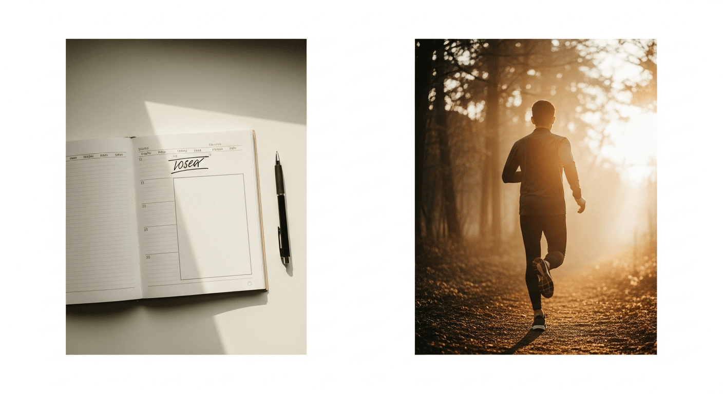 Diptych: a weekly planner with one day crossed off, and the same person running on a sunlit trail.