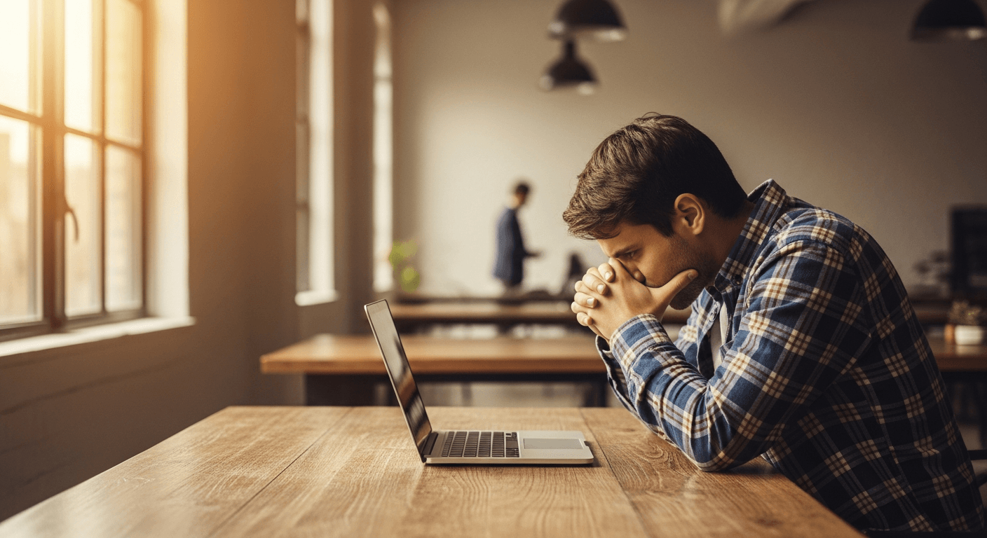 Person hunched at desk with tense posture, blurred colleague in background, warm golden light.