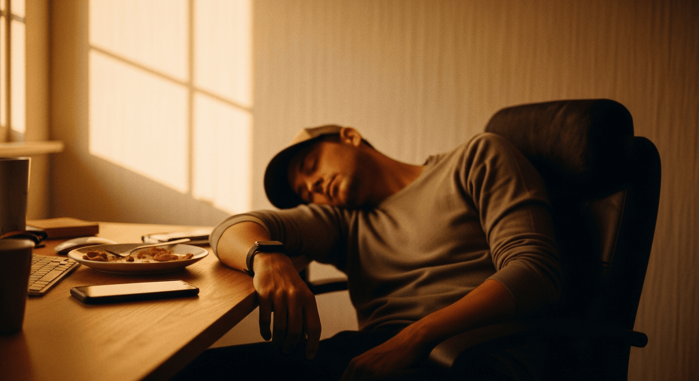 Remote worker slouched at home office desk with fitness tracker showing minimal daily steps in warm afternoon light.