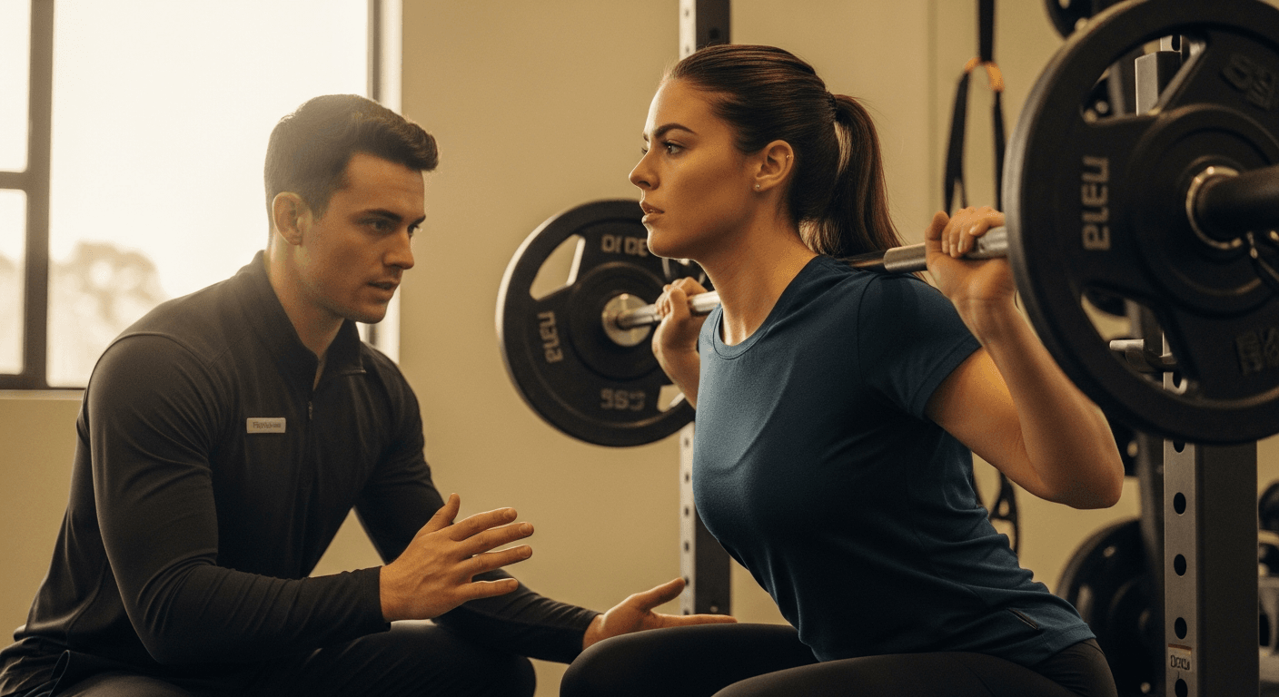 Personal trainer instructing client on barbell squat form in a bright, natural-light gym.