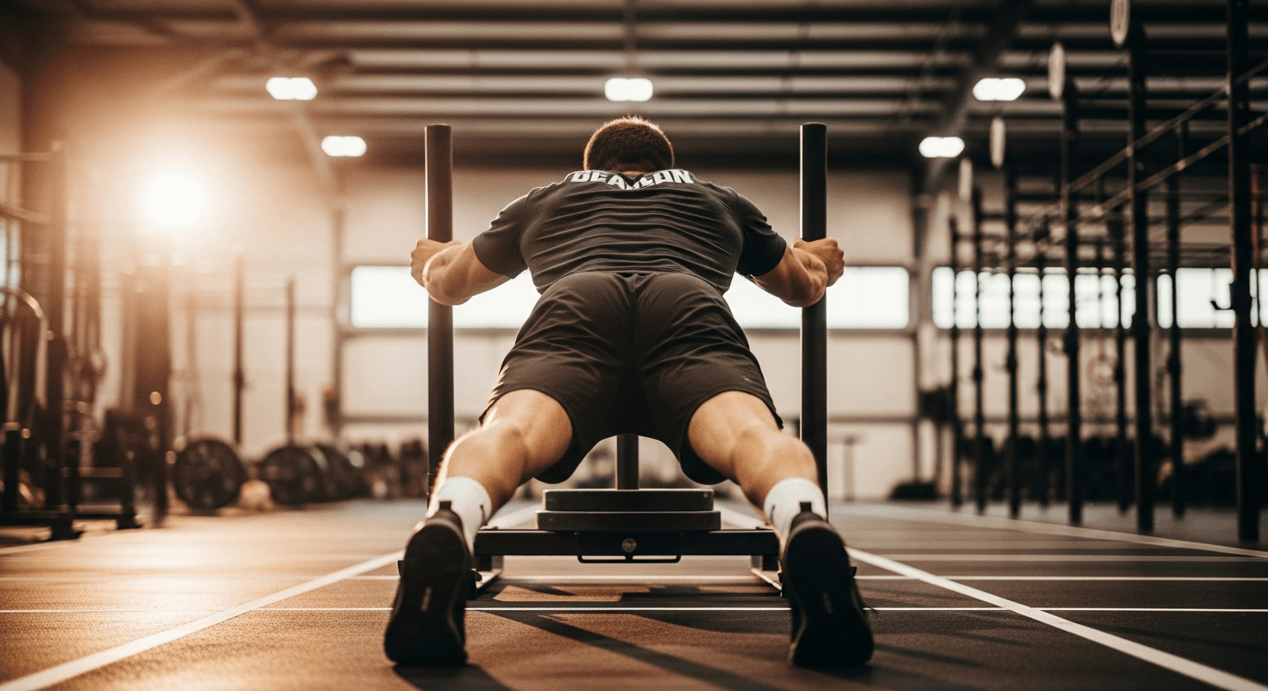 Athlete driving a sled with fully extended arms and powerful leg drive on a gym floor in warm ambient light.