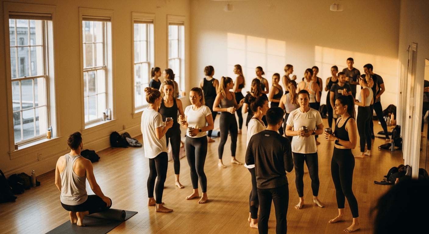 Athletic participants mingle and chat in a warmly lit studio space during a live wellness event.