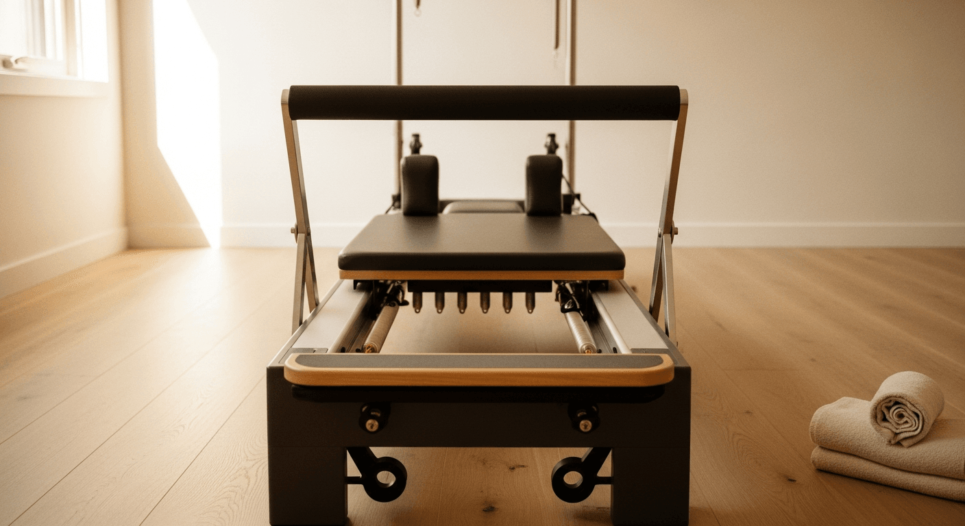 Compact Pilates reformer centered in a minimalist home studio bathed in soft golden morning light.