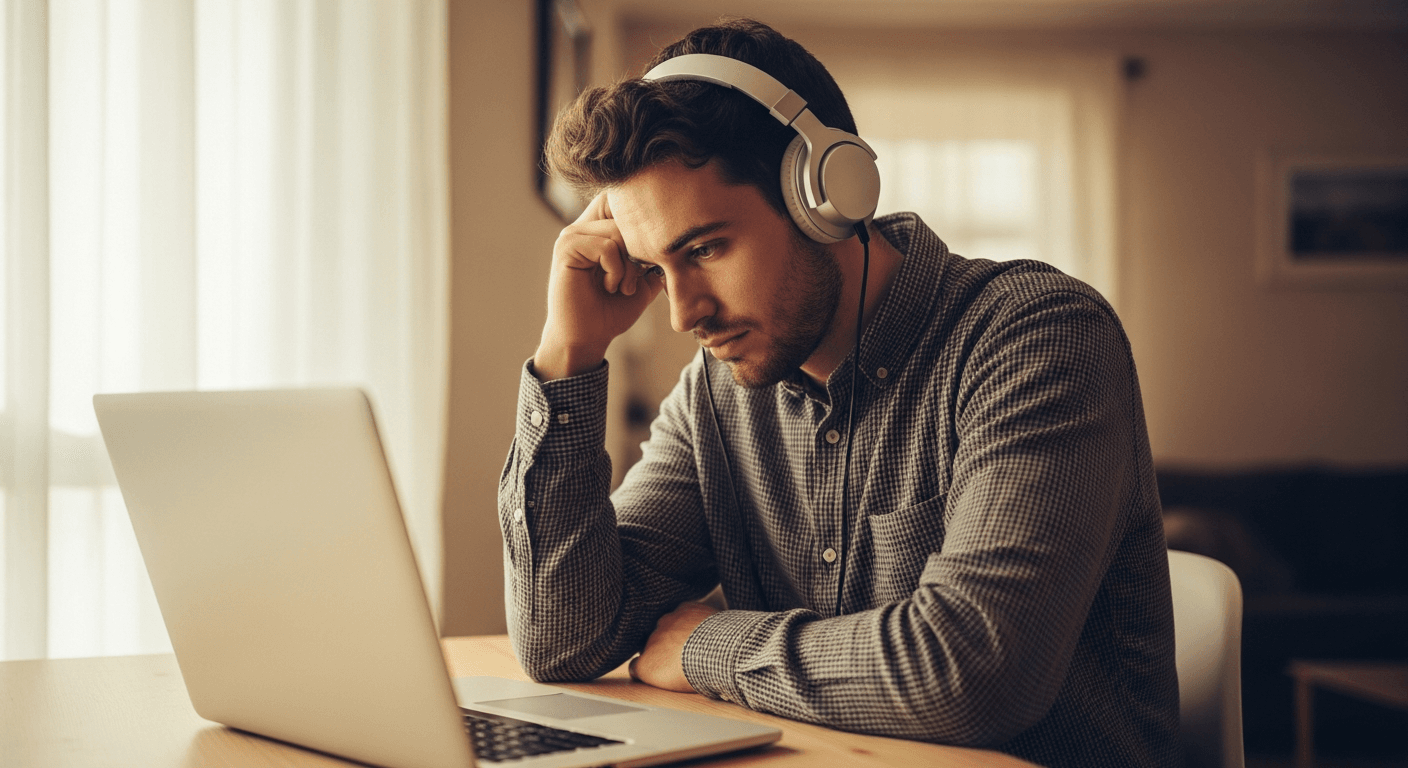 A remote worker sits alone at home, hand to temple, looking thoughtful in soft golden light.