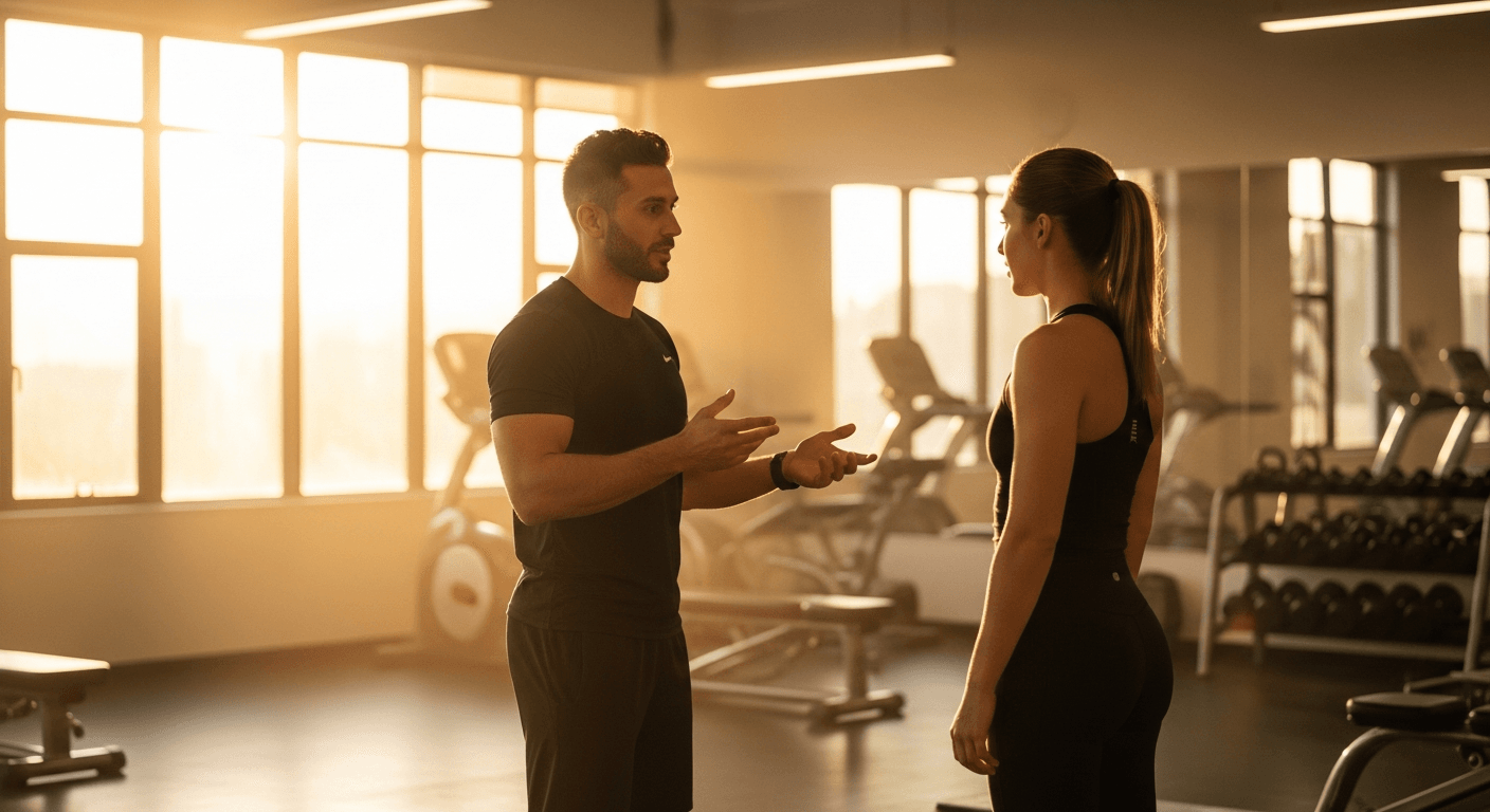 A personal trainer instructs a client in a gym setting with warm, natural golden light.
