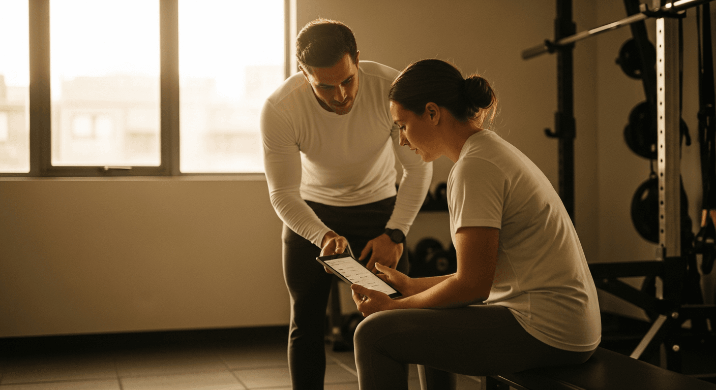 A coach and client review a tablet together at a gym bench in warm natural light.