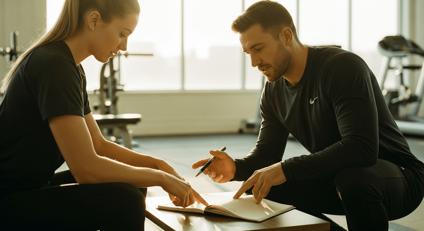 A personal trainer and client collaborate over an open notebook in warm golden light.