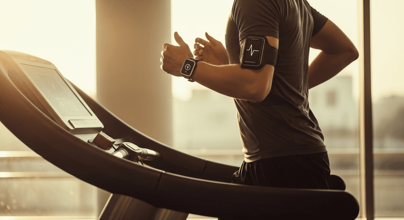 Male runner mid-stride on treadmill wearing heart rate monitor, golden-hour gym light casting shadows.