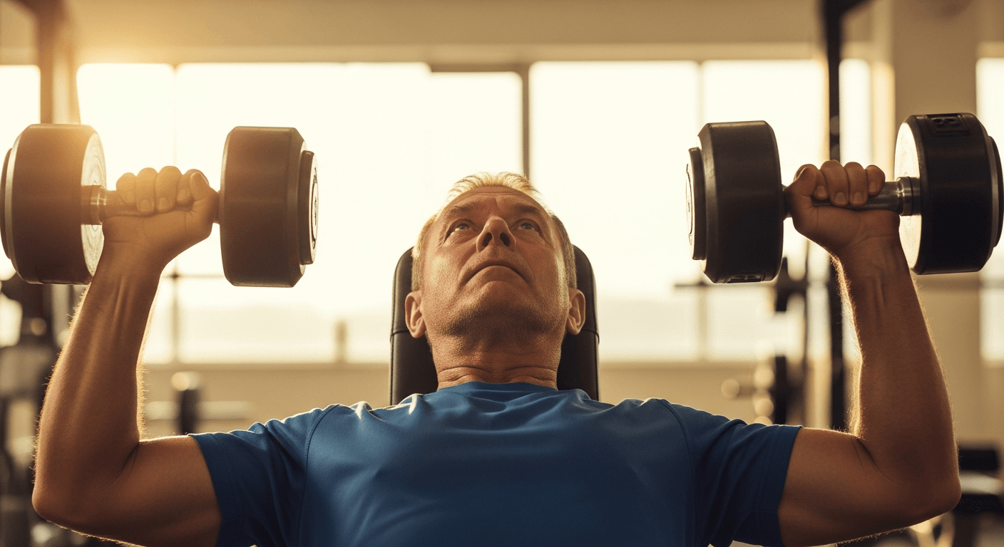 A fit man in his late forties performs a dumbbell press on a weight bench, lit by warm natural golden-hour light.