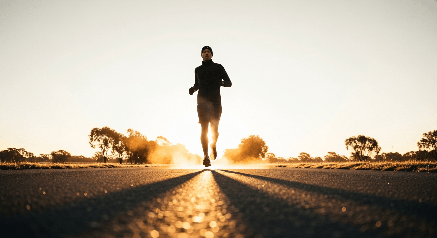 A runner in dark athletic gear strides toward the camera during a golden sunrise on an open road.