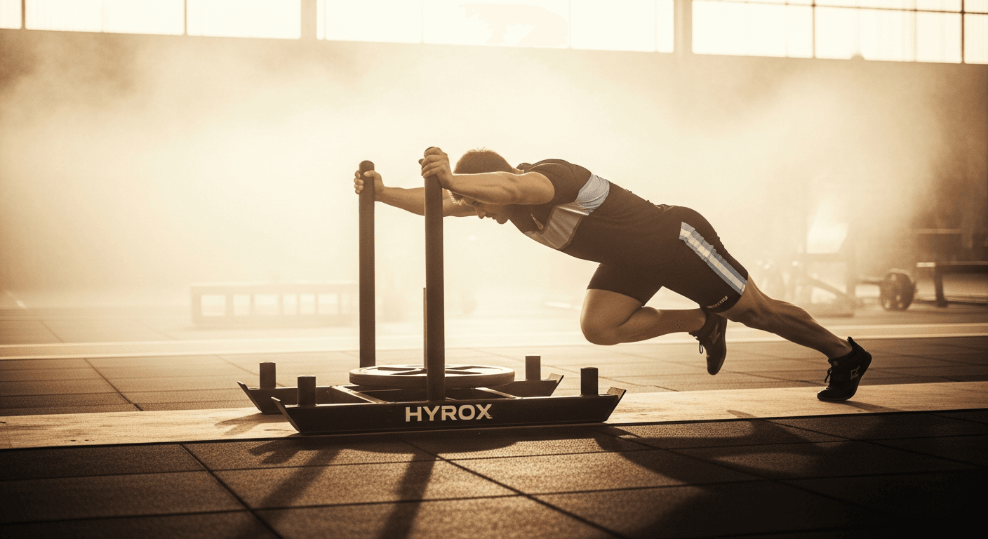 HYROX athlete powerfully pushing a black competition sled across gym flooring in blue and white gear.