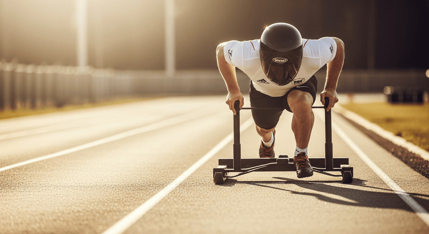 Athlete pushing a sled on a competition track in warm golden light.