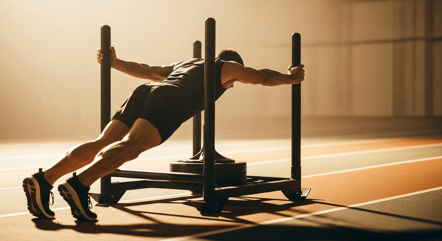 Marathon runner pushing a black competition sled during a HYROX transition in a gym.
