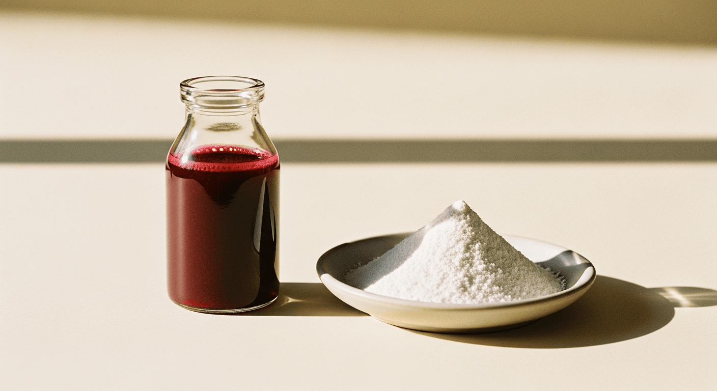 A glass bottle of deep red beetroot juice beside a mound of white creatine powder on a warm cream surface.