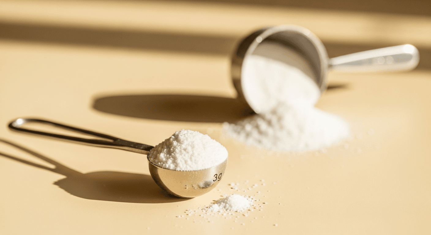 A measuring scoop with a modest portion of creatine powder beside an overflowing scoop, illustrating portion contrast.